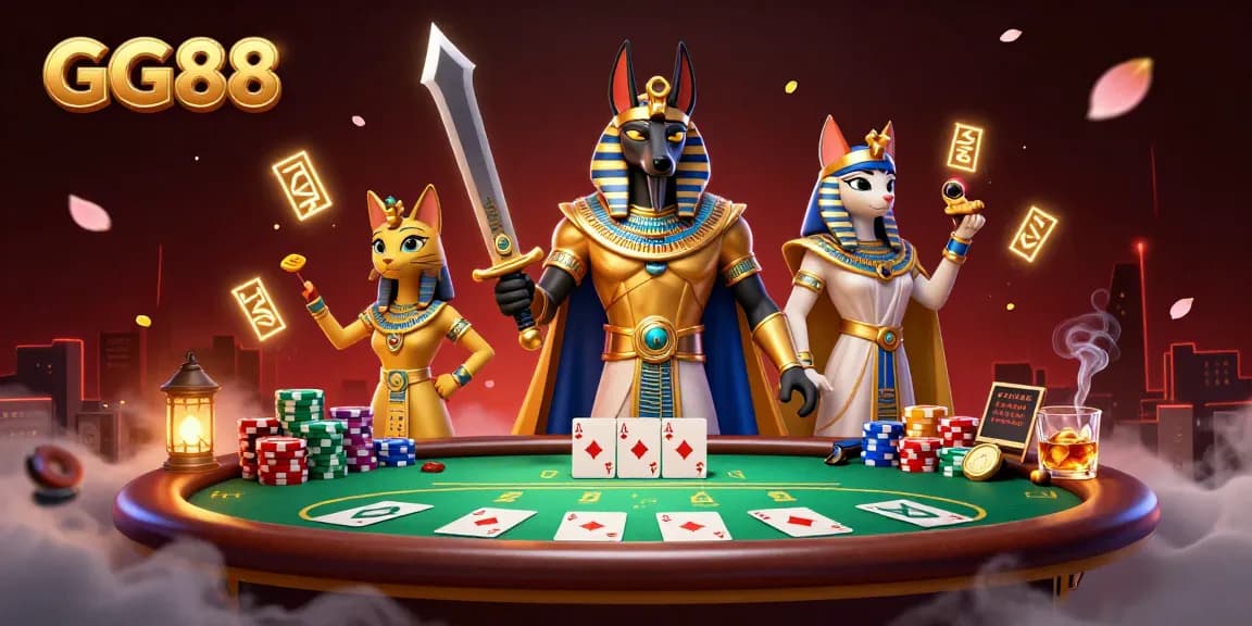 Experience the excitement of GG88 gaming with Anubis and Bastet at the poker table.