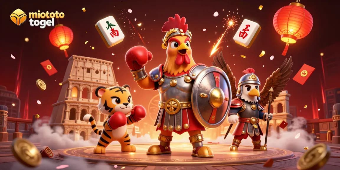 Engage with miototo togel in a vibrant casino scene featuring a detailed gladiator rooster and dynamic game elements.