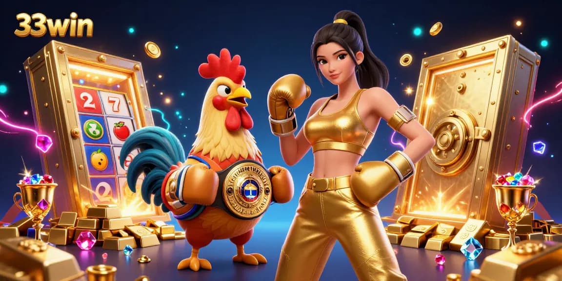 Experience exciting 33win gameplay with vibrant characters and dynamic casino elements illuminated brilliantly.