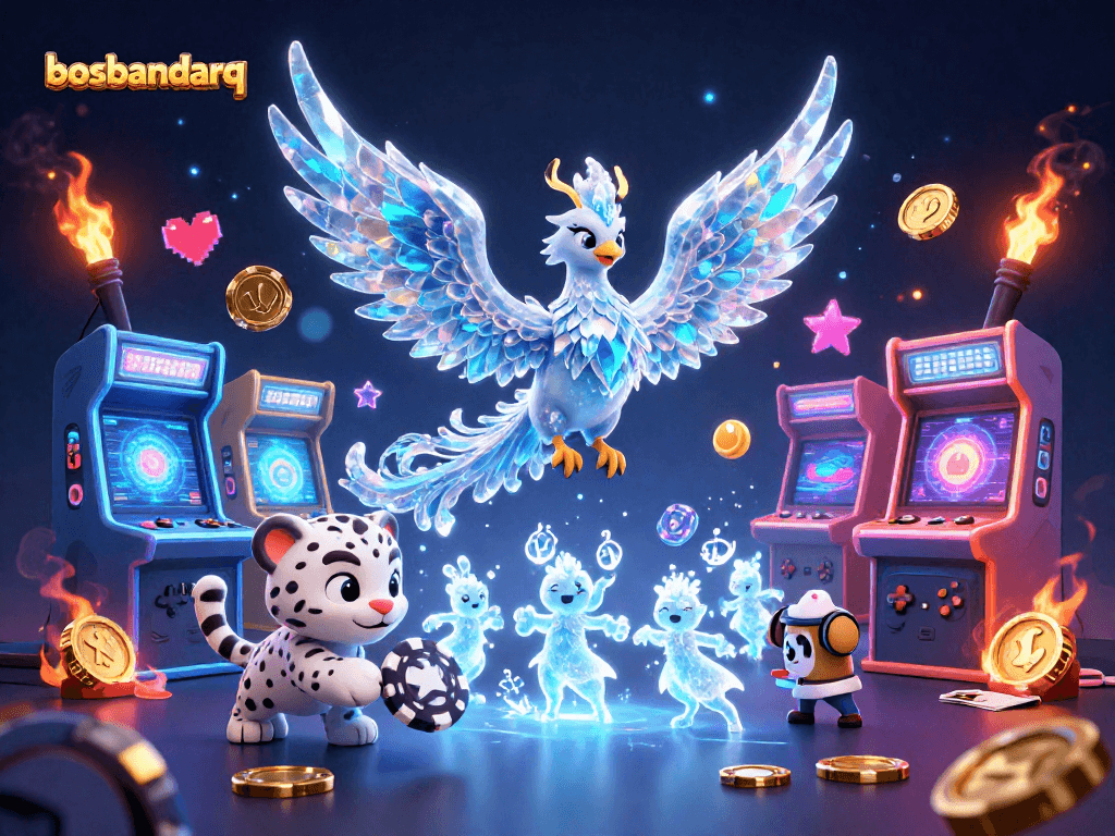 Experience the vibrant world of bosbandarq, featuring a playful snow leopard and a mystical ice phoenix amidst dynamic casino elements.