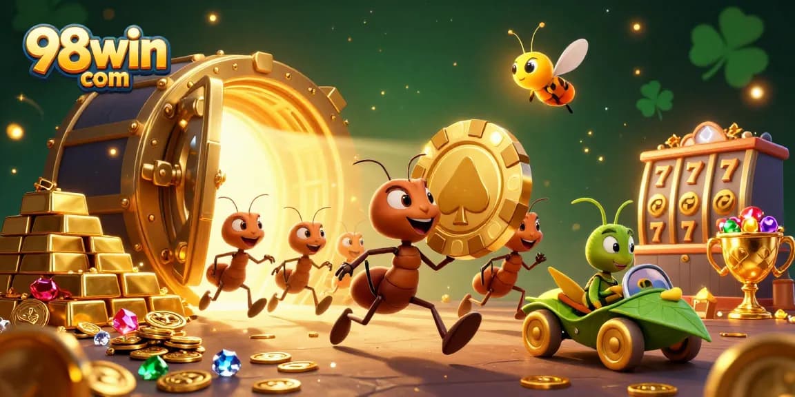 Experience the thrill of winning at 98win com with ants on a heist carrying a giant poker chip!