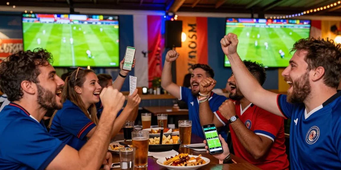 Outdoor sports betting scene with friends celebrating football odds and live wagering in a vibrant setting. ทางเข้าfun88 ล่าสุด ไม่โดนบล็อก.