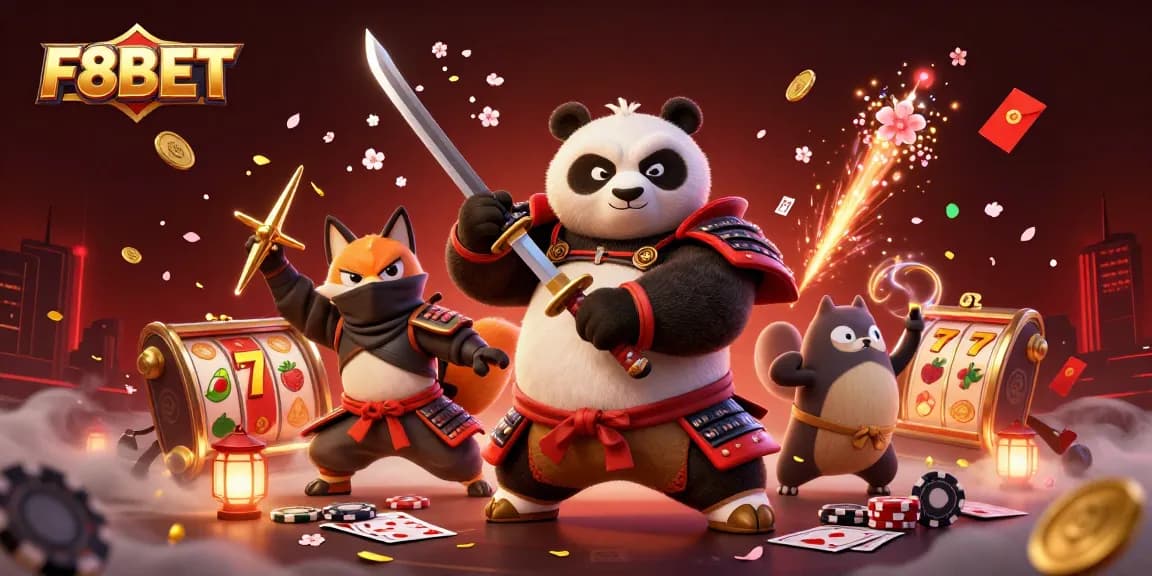 Engage with F8BET's dynamic casino illustration showcasing a samurai panda, ninja fox, and spirit tanuki amidst vibrant gambling elements.