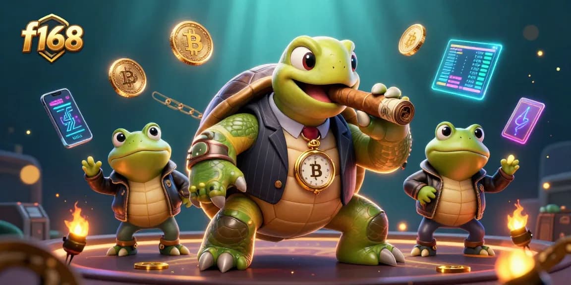Experience f168's vibrant casino adventure with a snapping turtle and frog enforcers amidst shimmering crypto coins.