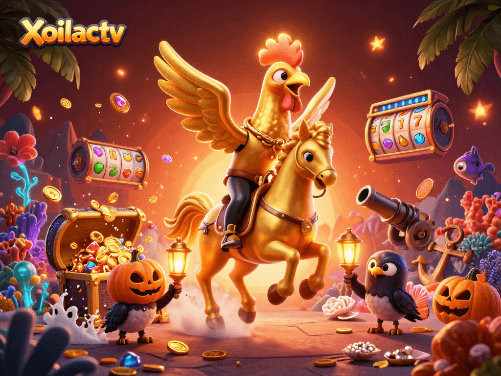 Xoilactv brings excitement as a golden rooster lights up a vibrant casino scene with thrilling slot gameplay.