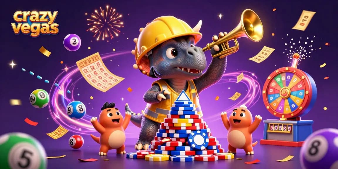 Experience the fun of crazyvegas with a vibrant scene of a triceratops and friends celebrating a poker chip pyramid.