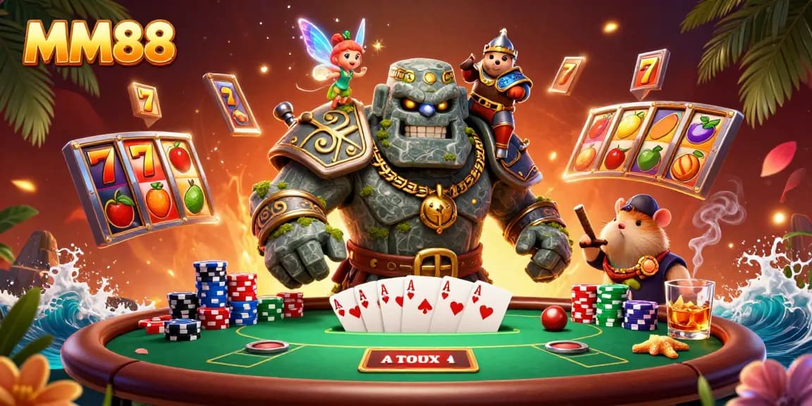 Spin slot reels and unleash excitement with MM88's vibrant casino illustration showcasing dynamic characters and games.