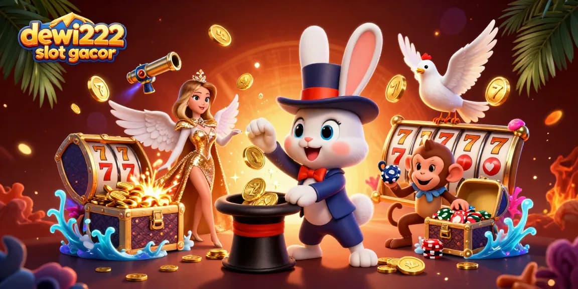 Uncover dewi222 slot gacor magic with a captivating 3D scene featuring a magician and vibrant casino elements.