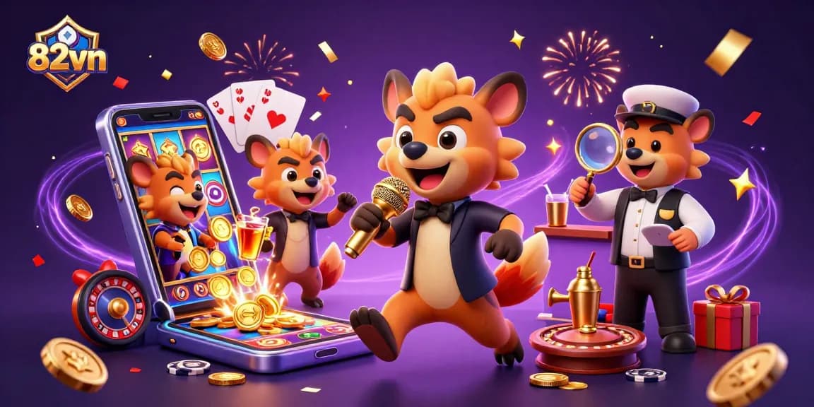 Join the fun at 82vn's comedy casino club with hyenas enjoying slot games and drinks.