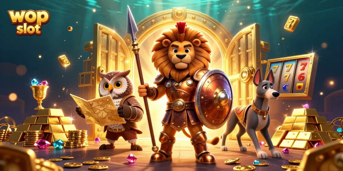 Experience the excitement of wop slot with this vibrant 3D illustration full of treasure and colorful game elements.