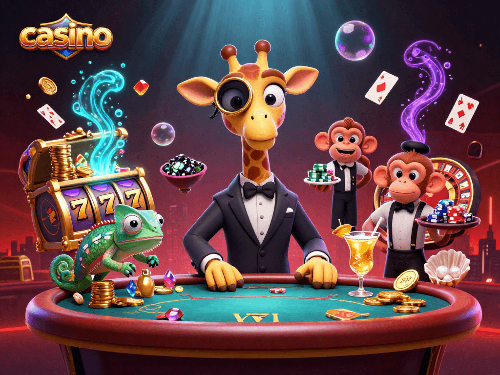 Engaging casino scene with a high-roller giraffe and playful characters celebrating with gaming elements
