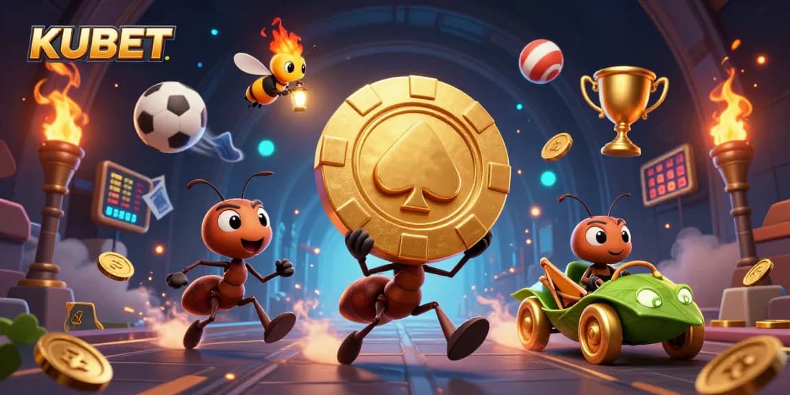 KUBET showcases animated ants stealing a giant golden poker chip amidst vibrant casino elements.