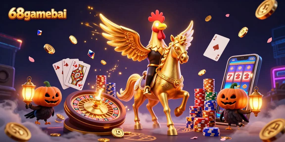 Experience thrilling gameplay with 68gamebai featuring the golden rooster and vibrant casino elements.