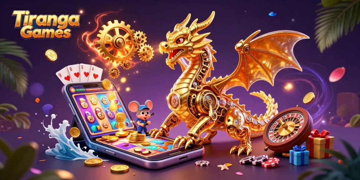 Tiranga Games showcases vibrant slot gaming through a dragon's fire of gears and cogs.