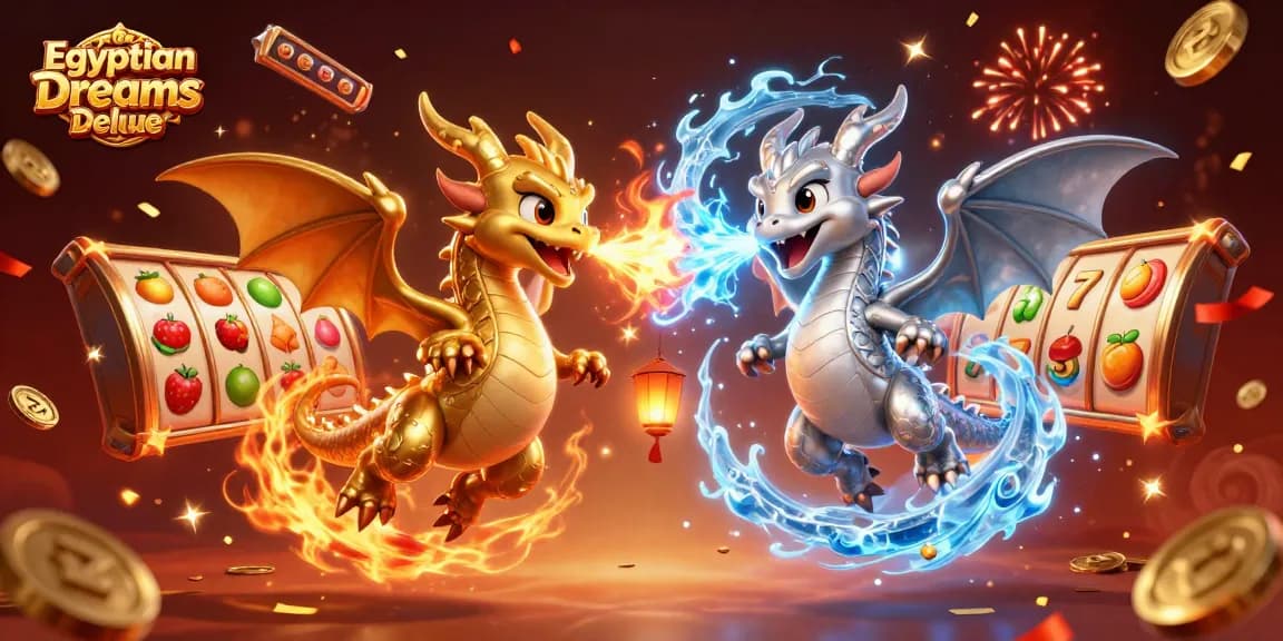 Play Egyptian Dreams Deluxe with vibrant dragons and dynamic slots in a festive casino scene.