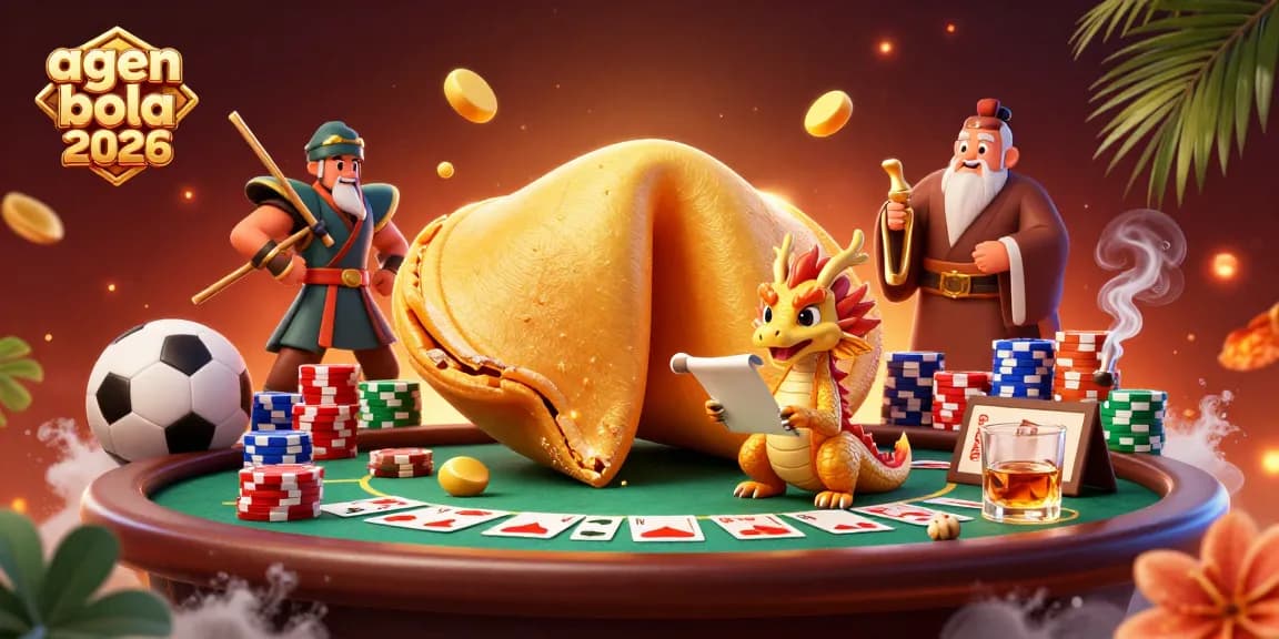 Engage in sports betting excitement with agen bola 2026 featuring vibrant illustrations of fortune cookies and dynamic characters.