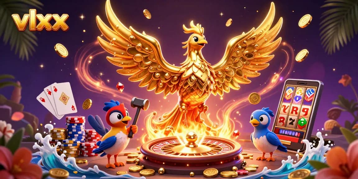 vlxx celebrates fortune with a dynamic scene of a molten golden phoenix amidst gambling excitement.