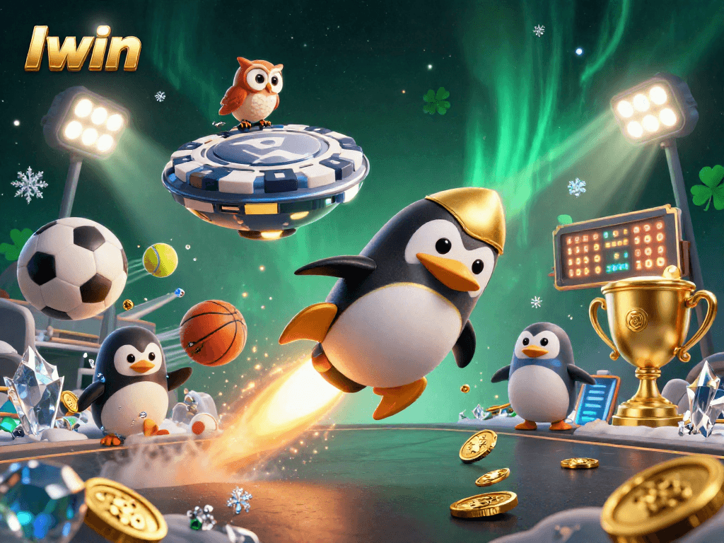 Iwin showcases a thrilling scene with a golden penguin and dynamic sports elements in a casino-themed space.