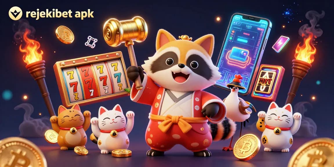 Win big with the rejekibet apk as the lucky tanuki holds a golden mallet in a vibrant casino scene.