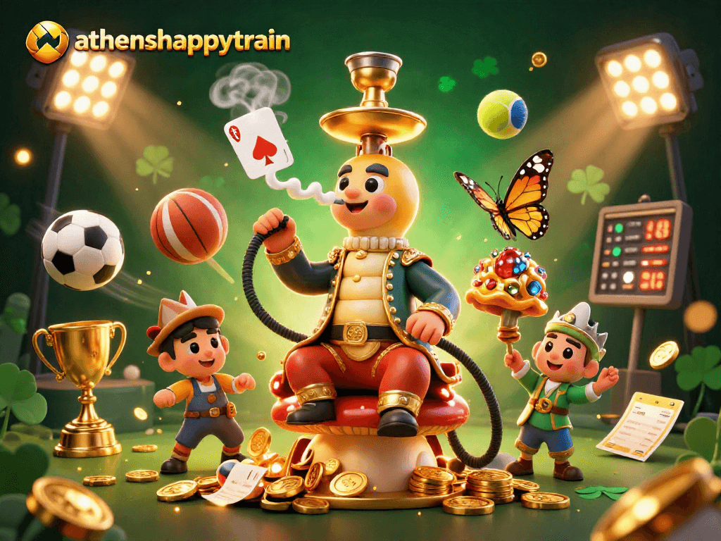 Engage in thrilling gaming with athenshappytrain's vibrant 3D casino scene featuring betting slips and sports elements.