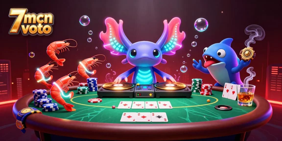 Experience the vibrant action of 7mcn voto with a DJ axolotl, poker elements, and energetic sea creatures.