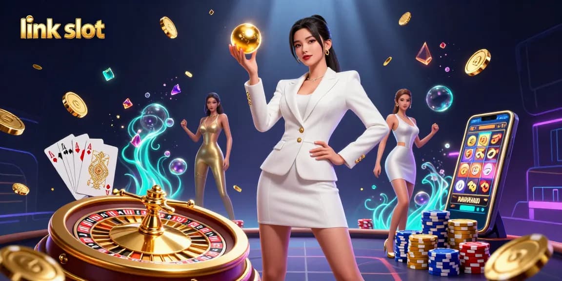 Spin and win with link slot featuring a confident woman and golden casino elements.
