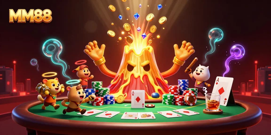 Experience the excitement of MM88's treasure-filled casino with a volcano and playful animals!