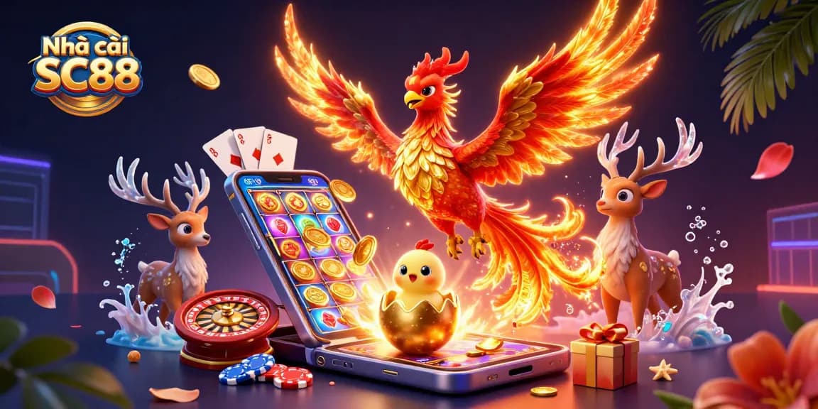 Engage with Nhà cái SC88's vibrant casino scene showcasing a phoenix and slot game elements.