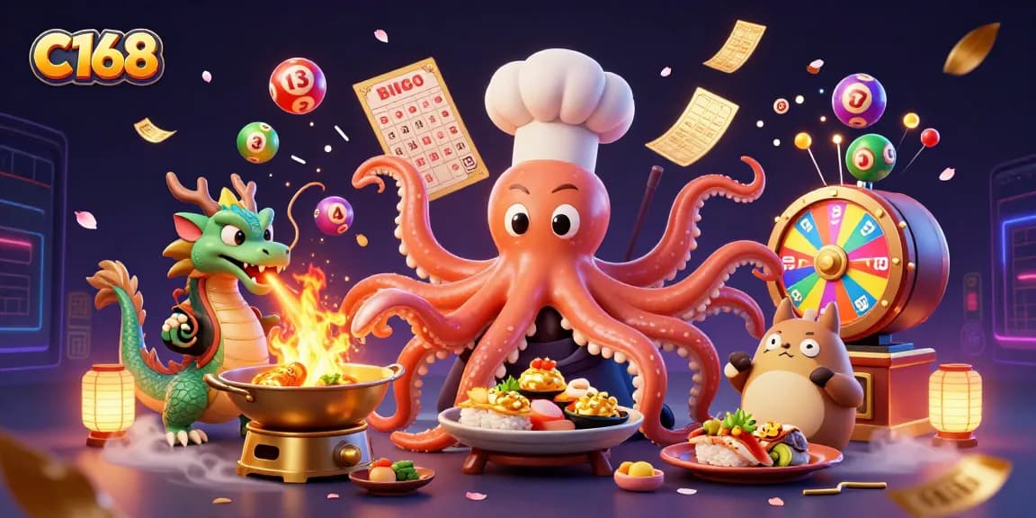 C168 casino gaming scene featuring a sushi chef octopus and dragon, surrounded by lottery elements