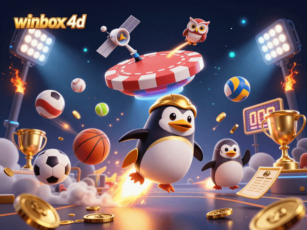 Experience the excitement of winbox 4d as a golden penguin journeys through a vibrant casino-themed space.