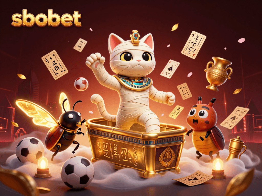 Experience sbobet sports betting action with the mummy cat and a scarab beetle in a vibrant casino scene.