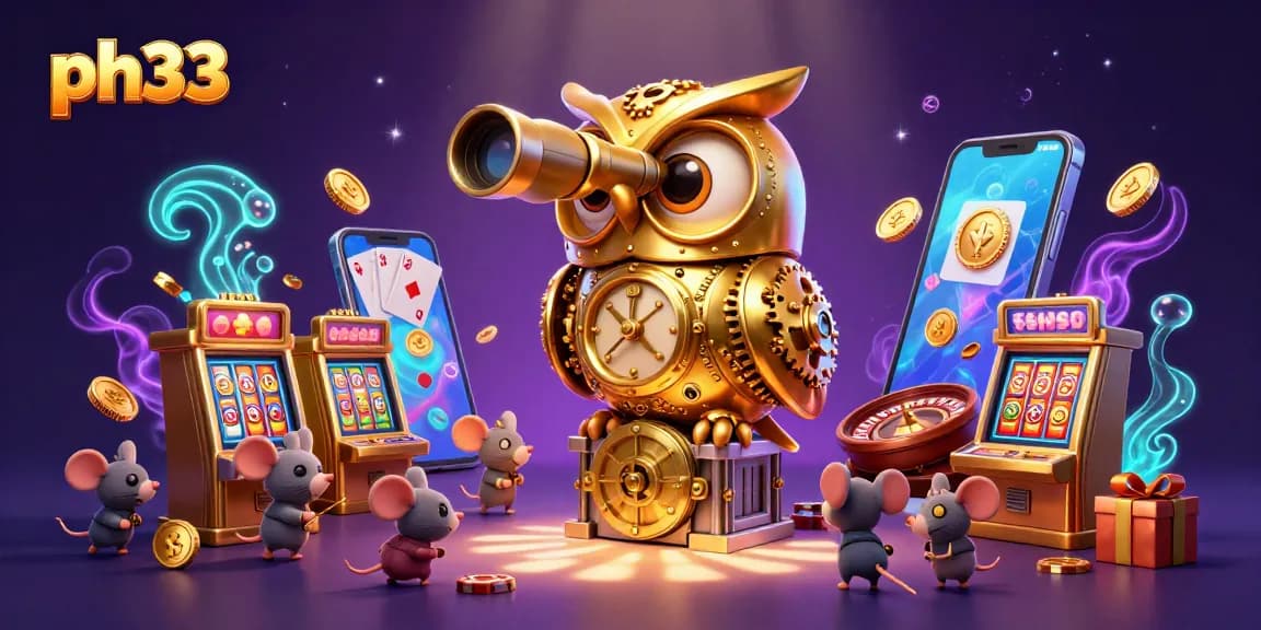 Experience thrilling gaming at ph33 with vibrant slot machines and engaging characters in a dynamic casino scene.