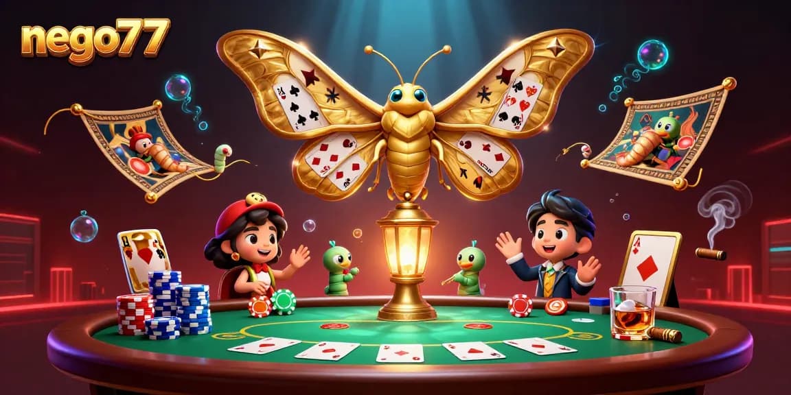 Experience thrilling gameplay with nego77, featuring vibrant poker elements and a majestic moth symbolizing fortune.