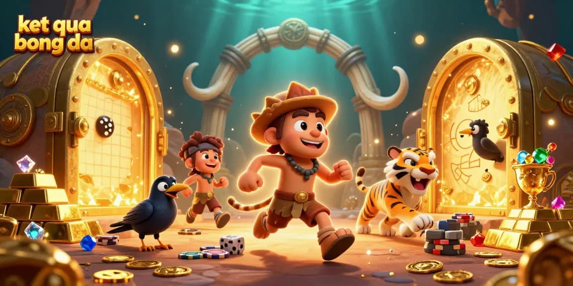 Experience exciting ket qua bong da with dynamic casino scene showcasing prehistoric characters and treasures.
