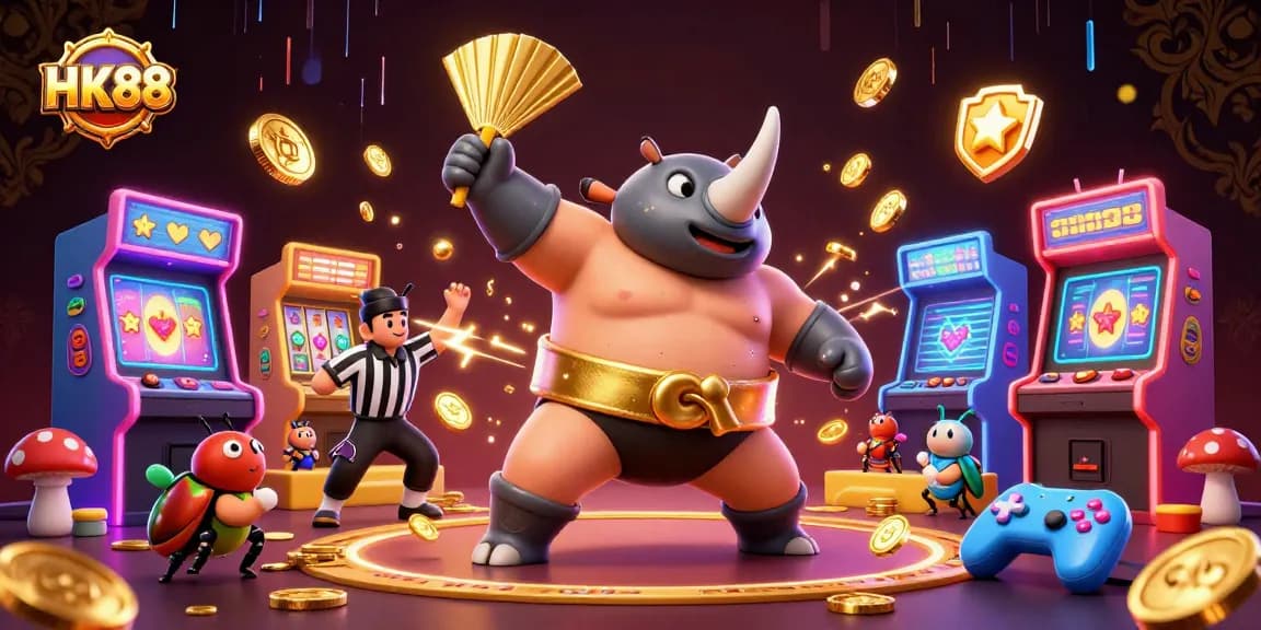 Engage with HK88's thrilling gaming experience featuring a rhinoceros beetle champion amid golden coins and arcade elements.