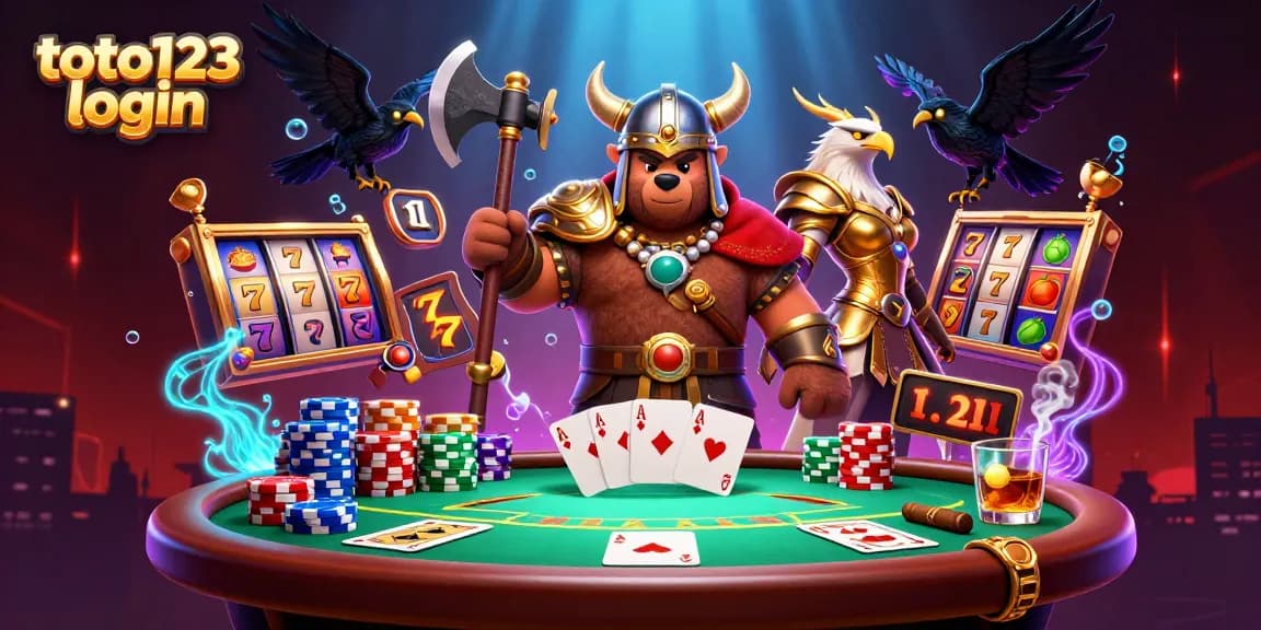 Experience thrilling gameplay at toto123 login with striking Viking bear, Valkyrie eagle in a vibrant casino setting.