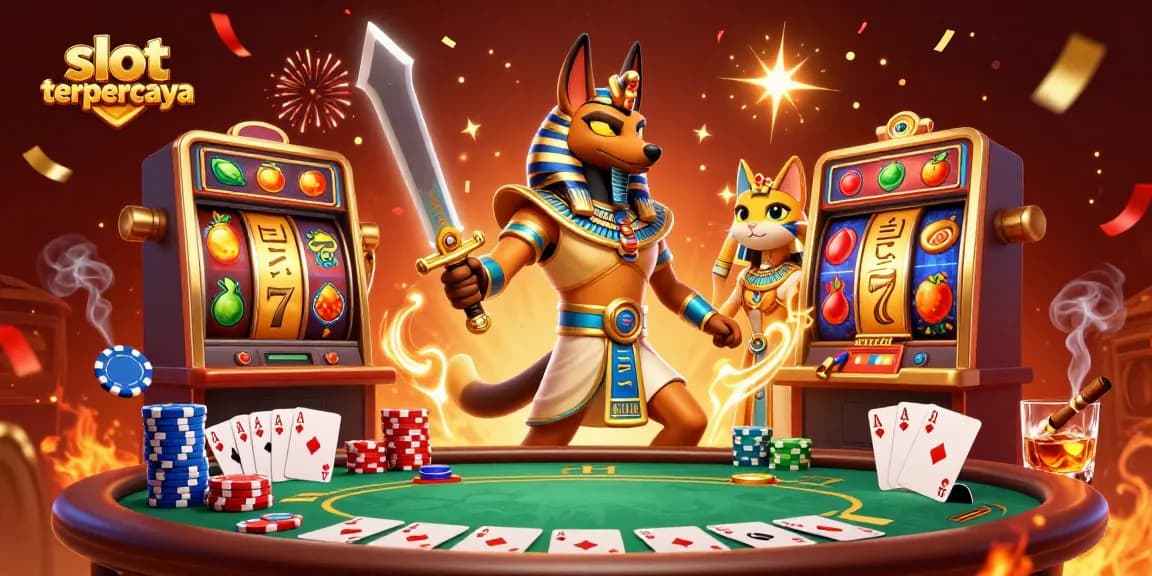 Experience exhilarating slot terpercaya gaming with vibrant 3D scenes of victorious characters amidst slot machines and poker elements.