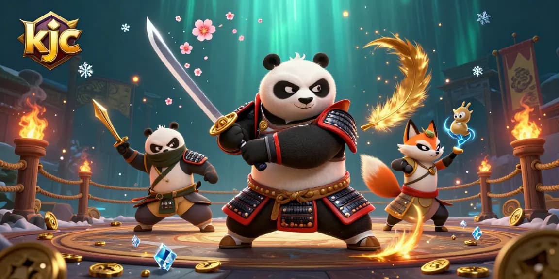 KJC offers thrilling gaming adventures featuring a samurai panda and ninja fox in a vibrant casino setting.
