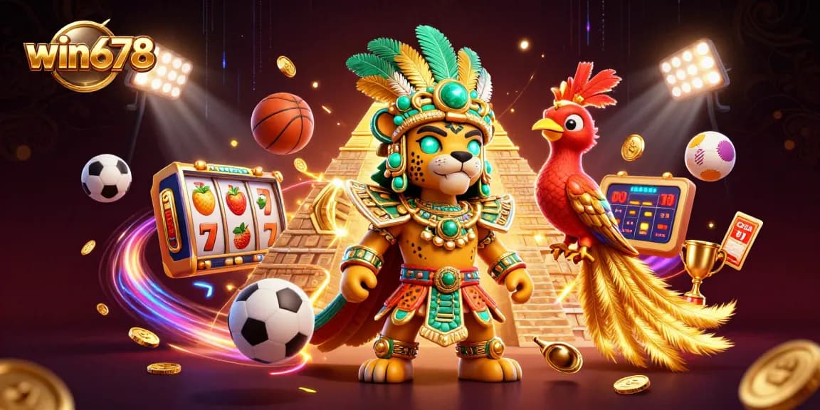 Win678 jackpots with vibrant slots elements, featuring Mayan characters in a dynamic casino scene.