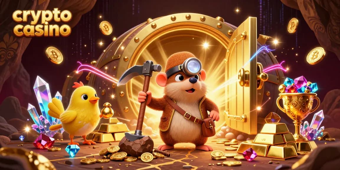 Visualize winning big at a crypto casino with a treasure hunter and canary in a rich gold-filled cave.