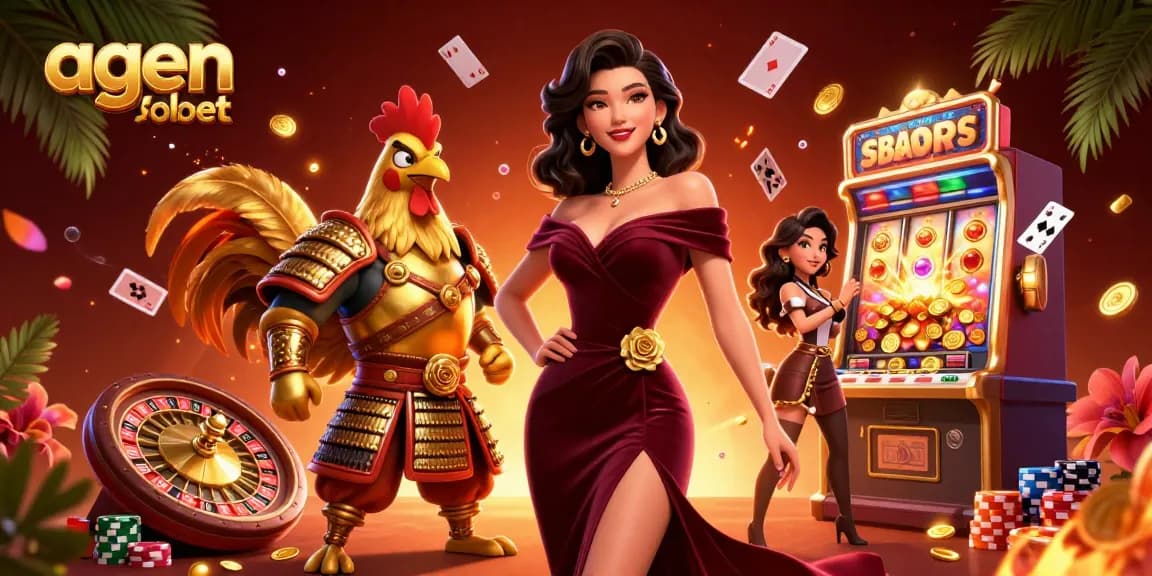 A vibrant 3D illustration showcasing agen sbobet with a glamorous woman and a warrior amid casino elements like cards and a roulette wheel.