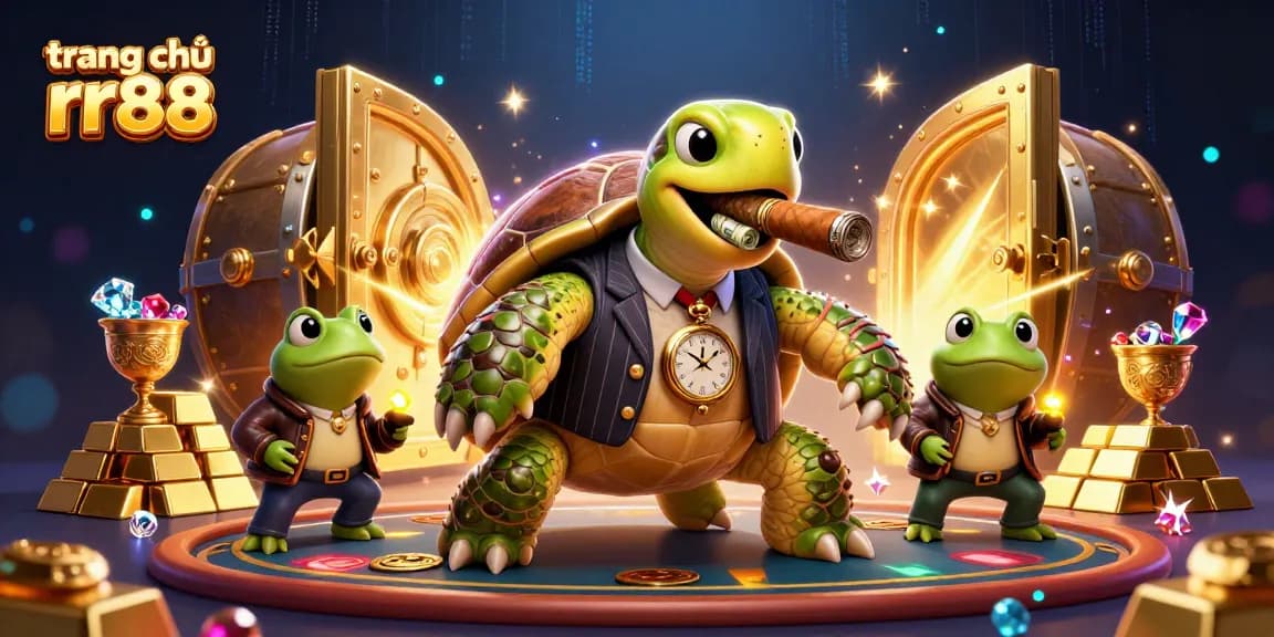 Spin to win with the vibrant scene of trang chủ rr88 featuring a massive snapping turtle and bullfrog enforcers amidst a luxurious casino backdrop.