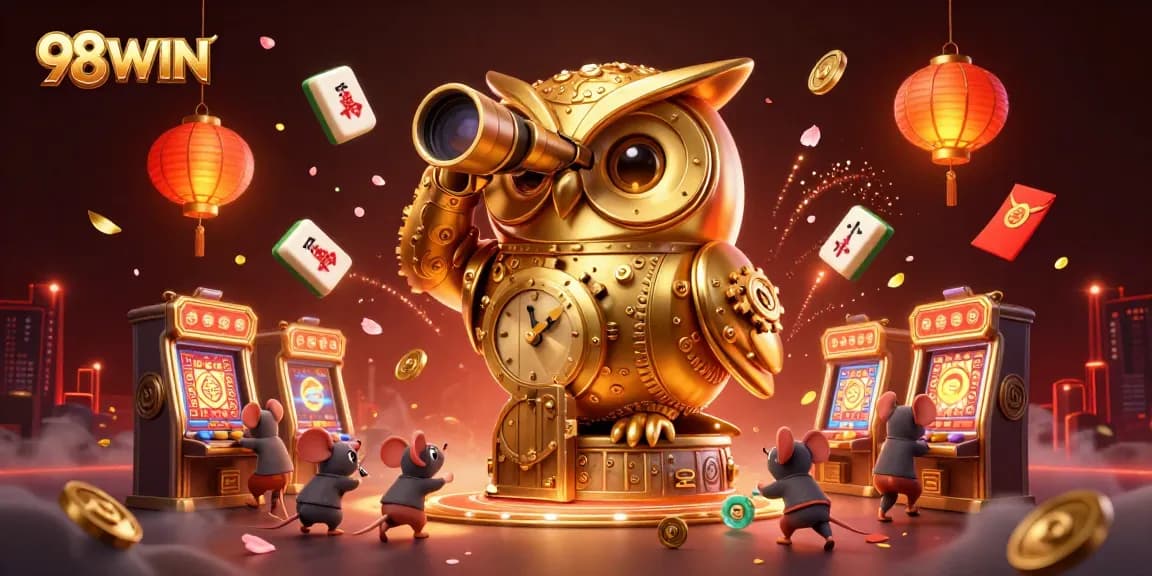 Engage with 98WIN's animated casino scene featuring a golden owl and vibrant slot machines.