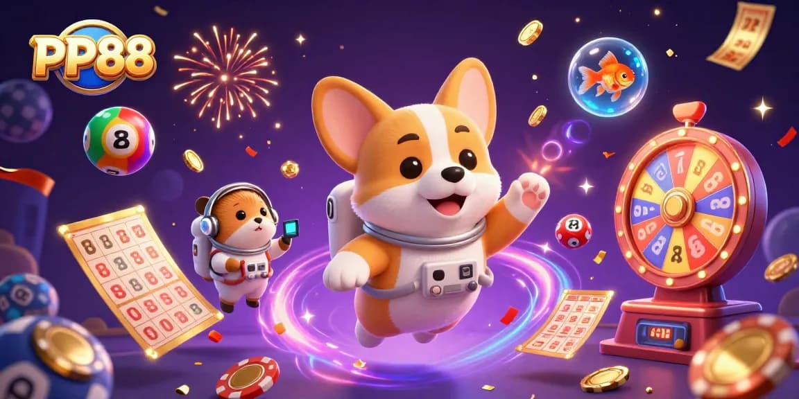 Experience PP88's thrilling casino action with a floating 3D corgi astronaut amid vibrant gambling elements.