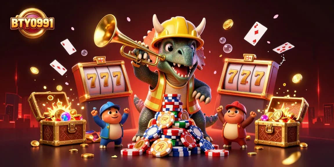 BTY0991 showcases a vibrant 3D casino scene with characters celebrating a poker win amid dynamic elements.