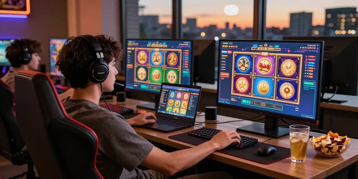 Akses permainan SLOT GACOR online dengan antarmuka warna-warni, pemain aktif di lingkungan nyaman dengan camilan dan suasana hangat.