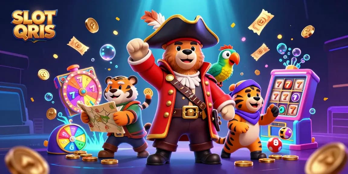 Engage in the excitement of SLOT QRIS with 3D characters amidst vibrant gaming elements and treasure.