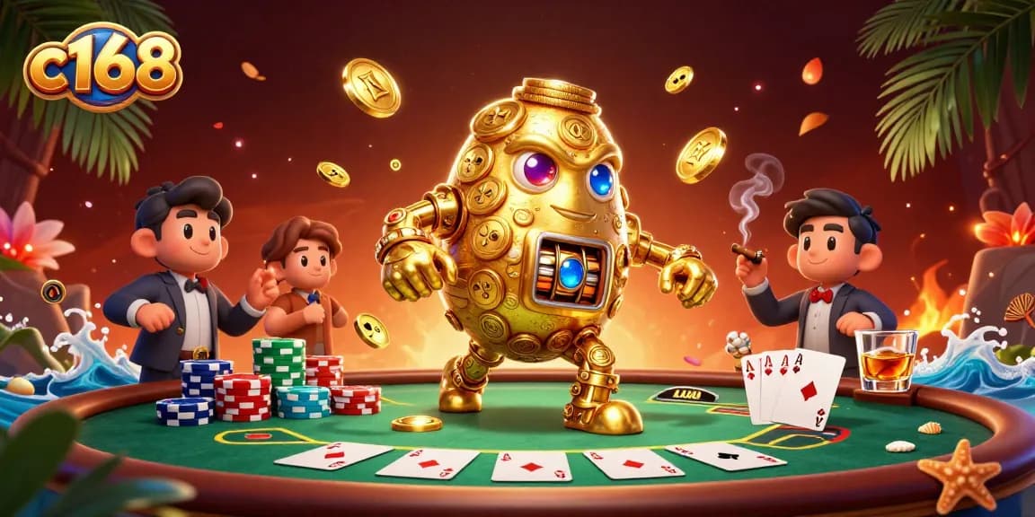 Experience the thrill of c168 as a golden golem made of coins dominates a vibrant casino scene.