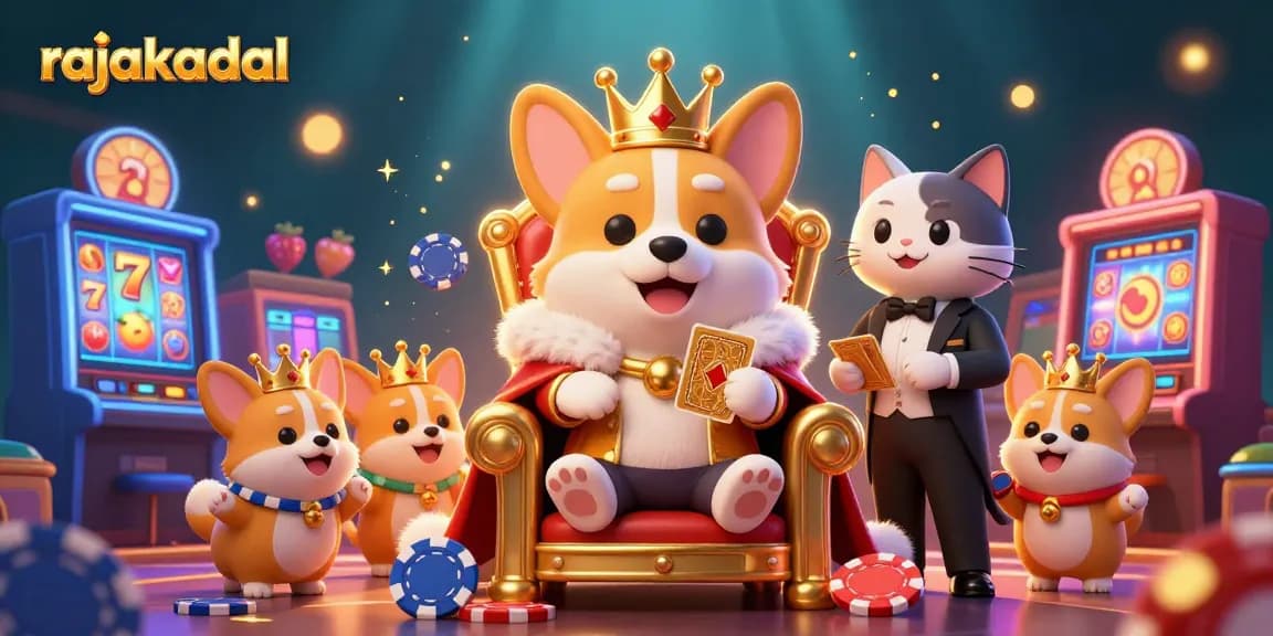 Mainkan slot menarik di rajakadal dengan raja corgi dan pelayan kucing di antara mesin slot berkilau.