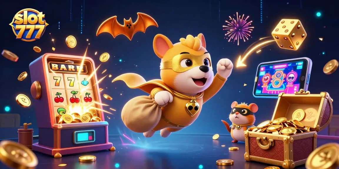 Experience thrilling gameplay with slot 777 as the superhero dog soars past bursting slot machines and gold coins.